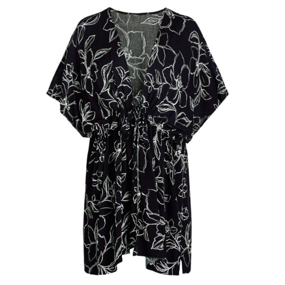 Time and Tru Ruched‎ Tie-Front Kimono Top L/XL Black White Floral New NWT